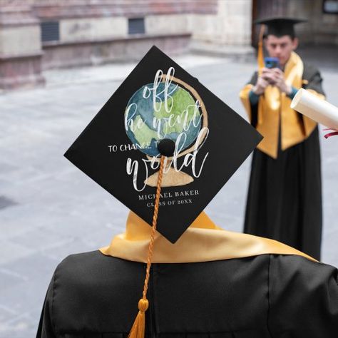 $21.80 | Change the World | Earth Globe Custom Monogram #graduate, graduation, monogram, class year, school, typography, quote, watercolor, change the world, earth globe Boyfriend Graduation Gift, Graduation Gifts For Boys, Graduation Gifts For Guys, Graduation Gifts For Daughter, Graduation Cap Toppers, Earth Globe, Cap Decorations, Grad Cap, Graduation Cap