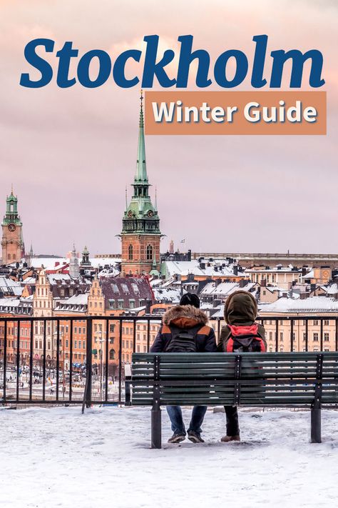 Photo of two people sitting on a bench on a bridge in Stockholm enjoying the city skyline. The city is covered in snow. This picture illustrates an article about things to do in Stockholm in winter. What To Do In Stockholm, Stockholm Activities, Stockholm In Winter, Travel To Sweden, Things To Do In Stockholm, Stockholm Winter, Visit Stockholm, Winter Tips, Visit Sweden