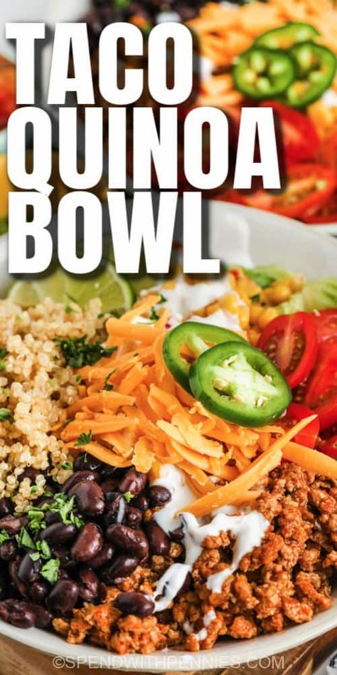 This quinoa bowl recipe goes well with avocado guacamole, beans, or corn. Anything that you would put in a burrito tastes great in our quinoa bowl. #spendwithpennies #tacoquinoabowl #quinoabowlrecipe #recipe #entree #lunch #chicken #turkey #mexican #corn #easy #best Lunch With Chicken, Taco Quinoa, Chicken Beans, Light Lunches, Lunch Chicken, Avocado Guacamole, Seasoned Veggies, Recipes Mexican, Mexican Corn