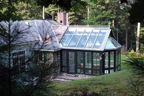 A Gothic Inspired Hot Tub Conservatory Cabin Solarium, Backyard Solarium, Conservatory Pool, Greenhouse Technology, Glass Addition, Solarium Ideas, Glass Sunroom, Indoor Pool Design, Sun Rooms