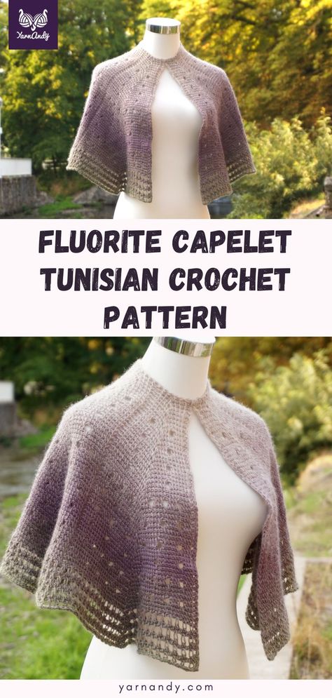 Gradient capelet on a mannequin, pinned at the neck to show the drape of the fabric and the lace edging. Text "Fluorite capelet Tunisian crochet pattern". Partial side view with the same capelet, showing the eyelets in the design. Tunisian Crochet Lace, Crochet Capelet Pattern, Capelet Pattern, Wedding Capelet, Crochet Capelet, Tunisian Crochet Pattern, Crochet Wedding, Prayer Shawl, Crochet Shawls And Wraps