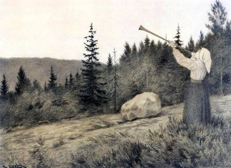 Theodor Severin Kittelsen (1857–1914), Up over the mountain sounds a horn Theodore Kittelsen, John Bauer, Metal Albums, Hero's Journey, Vintage Artwork, Nature Paintings, Design Graphique, Album Art, Great Artists