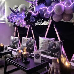 Wednesday Addams / Birthday "Aubree's Wednesday Addams Sleepover " | Catch My Party Wednesday Addams Sleepover Party, Wednesday Addams Birthday Party Ideas, Wednesday Addams Birthday Party, Wednesday Addams Birthday, Sleep Over Ideas, Hotel Party, Sleep Over, Sleepover Party, Wednesday Addams