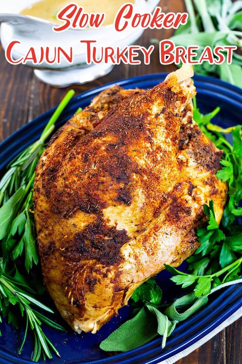 Slow Cooker Cajun Turkey Breast Cajun Turkey Breast Crockpot, Cajun Turkey Breast, Cajun Turkey Recipe, Slow Cooker Cajun, Slow Cook Turkey, Creole Dishes, Turkey Breast Crockpot, Cajun Turkey, Shredded Turkey