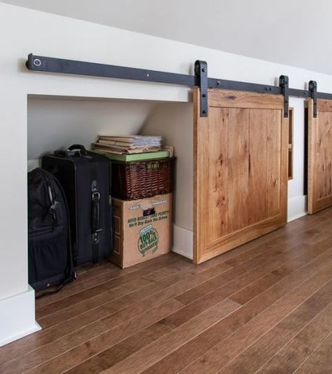 Have a small nook that you're not sure what to do with? Turn it into extra storage, hidden by a mini barn door. Learn more at The House Diaries. Attic Closet, Big Bedrooms, Attic Conversion, Attic Space, Attic Bathroom, Attic Bedrooms, Attic Storage, Attic Renovation, Attic Spaces