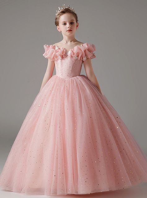 Pink Tulle Sequins Butterfly Flower Girl Dress Children Dress Designs, Gown For Children, Children Wedding Dress, Princess Dress For Kids, Pink Dresses For Kids, Sequin Flower Girl Dress, Floral Print Gowns, Long Flower Girl Dresses