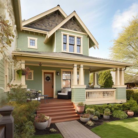 3+ Bold and Beautiful Exterior Paint Colour Combinations • 333+ Images • [ArtFacade] Sage Green And White House Exterior, Off White Craftsman Exterior, House Paint Combination, Unusual Exterior House Colors, Green And Beige House Exterior, Small Home Exterior Colors, Home Color Schemes Exterior, Exterior House Colors Cottage, Boho Exterior House Colors