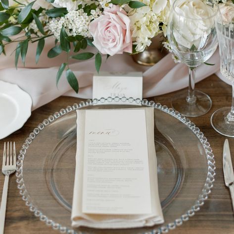 A springtime table setting is always beautiful. 🌷Click through to rent our Clear Glass Bead Chargers for your event.   Planner: @weddingsbyalexandria   #weddingcharger #tablesettingideas #clearcharger #glasscharger #dinnermenueideas #eventmenu #menucalligraphy #stationerydesign #eventstationery #tablescapeinspiration #pinktablescape #pinktablesetting #rustictablesetting #simpletablesetting Pink Table Settings, Pink Tablescape, Romantic Table Setting, Rustic Table Setting, Simple Table Settings, Event Menu, Romantic Table, Tablescape Inspiration, Event Tent