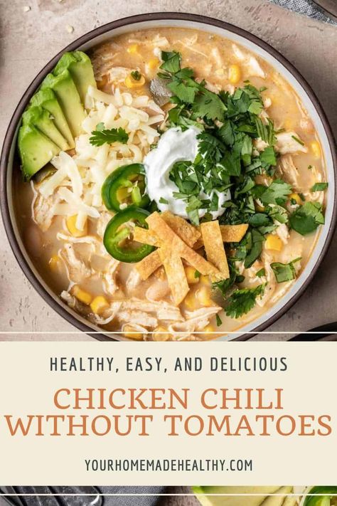 Chili Without Tomatoes, Chili Recipe No Tomatoes, Healthy Chicken Chili, Slow Cooker Chicken Chili, Healthy Chili, Hearty Chili, Northern Beans, Great Northern Beans, Savoury Recipes