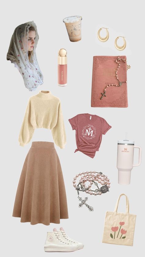 catholic girl Catholic Modest Outfits, Catholic Girl Aesthetic Outfit, Modest Catholic Outfits, Catholic Outfits, Catholic Modesty, Catholic Fashion, Girlie Aesthetic, Church Outfit Ideas, Catholic Women