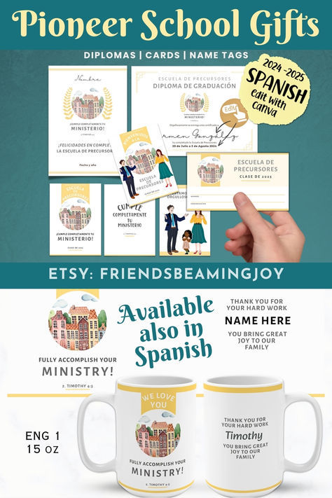 Printable and personalised pioneer school cards, name card, diplomas and mugs for PSS 2024-2025. Available both in English and in Spanish. Pioneer School Gifts, Jw Pioneer Gifts, Jw Pioneer, Pioneer School, Pioneer Gifts, Beautiful Stationery, Name Card, Bring Happiness, Letter Writing