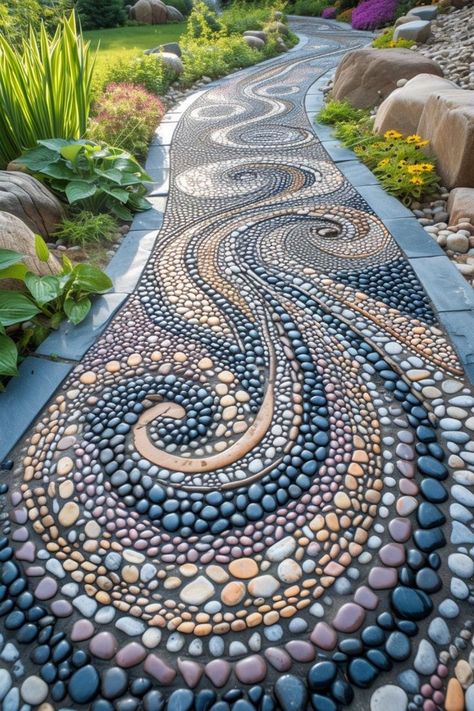 Colored Rock Garden, Garden Stone Design, Stone Pebbles Garden, Rock Garden Patterns, Rock Flower Pathway, Stone Yard Ideas, Garden Pebble Ideas, Garden Rock Design, Rock Art Diy Pebble Mosaic Garden Paths