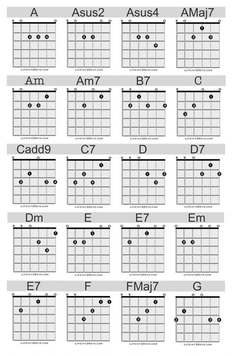 20 Essential Guitar Chords for Beginners | Life In 12 Keys Guitar Chords For Beginners, Akordy Na Ukulele, Jazz Chord Progressions, Chords For Beginners, Easy Guitar Chords, Chords Guitar, Guitar Chord Progressions, Guitar Cord, Learn Guitar Chords