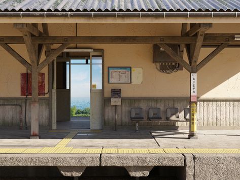 Desert Train Station, Korean Train Station, Old Japanese Train Station, Japan Railway Station, Japanese Train Station Aesthetic, Train Station Exterior, Japanese Bus Stop, Futuristic Train Station, Train Station Interior