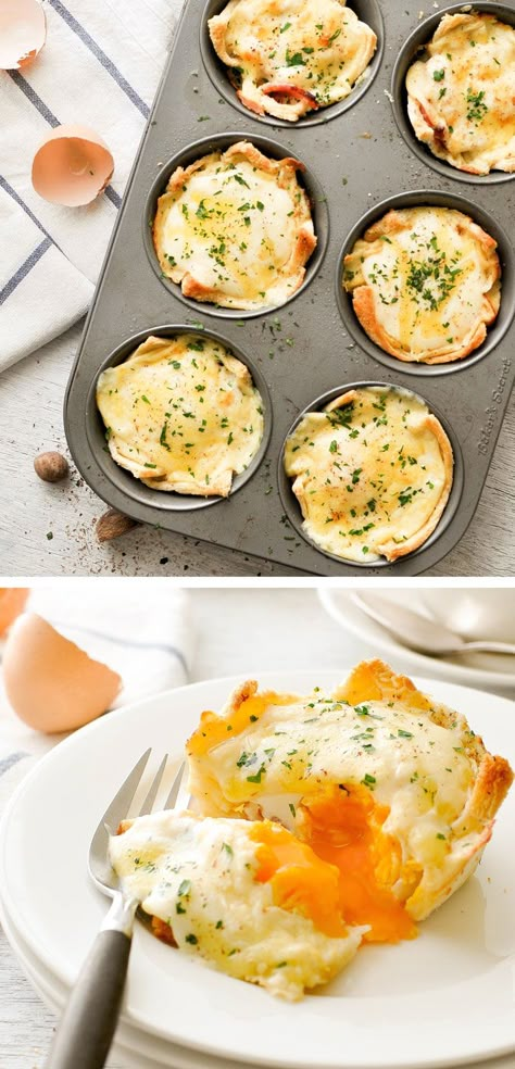 Croque Madame Muffin Tin Toastie Cup - the famous French grilled ham and cheese made in a muffin tin. Fresh new idea for using up leftover ham! Muffin Tin Breakfast, Fast Healthy Breakfast, Mini Frittatas, Super Easy Breakfast, Grilled Ham And Cheese, Grilled Ham, Weekday Breakfast, Egg Muffin, Croque Madame