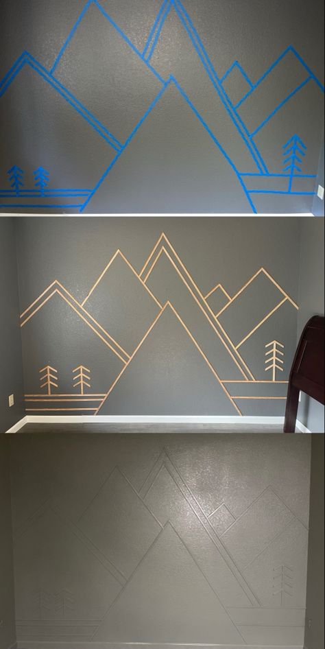 Boy Room Accent Wall Ideas, Mountain Accent Wall Bedroom, Wall Painting Ideas Mountains, Easy Painted Accent Wall, Mountain Wainscotting, Mountain Feature Wall, Mountain Inspired Bedroom, Farm Accent Wall, Stairwell Painting Ideas