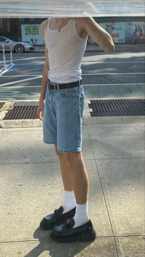 Guy Fit Inspo Summer, Y2k Jorts Men, Ftm Summer Outfits, Y2k Summer Outfits Men, Summer Y2k Outfits Men, 80s Summer Outfits Men, Jorts Outfit Idea Summer, Masculine Summer Outfit, Summer Masc Outfits