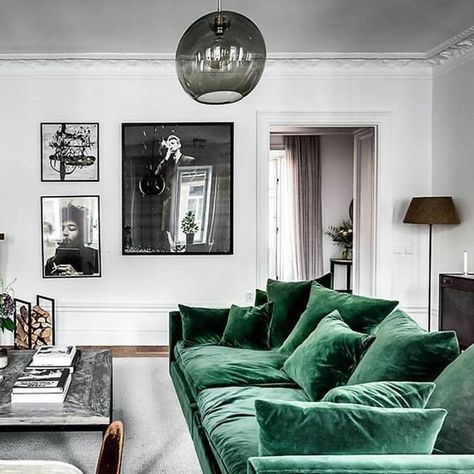 The perfect green velvet sofa in a monochrome living room #green #greenvelvetsofa Green Couches, Emerald Green Living Room, Green Sofa Living, Green Sofa Living Room, Interior Design Per La Casa, Green Velvet Sofa, Green Sofa, Living Room Green, A Living Room