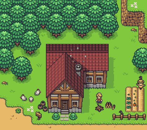 Grass & trees Pixel House Game, Pixel Art House 2d, Top Down House Pixel Art, Pixel Art House Top Down, Pixel House Art, Top Down Pixel Art Characters, 32x32 Pixel Art Characters, Pixel Art Village, Grass Pixel Art