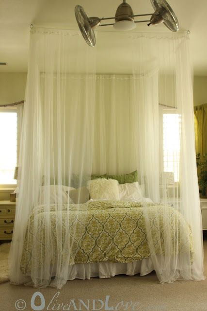 DIY Ceiling mounted bed canopy consisting of eyebolts, turn buckles and wire thread through sheer curtains. Valentine Bedroom, Canopy Bed Diy, Canopy Bed Curtains, Theme White, Bedroom Theme, Canopy Curtains, Backyard Canopy, Diy Canopy, White Canopy