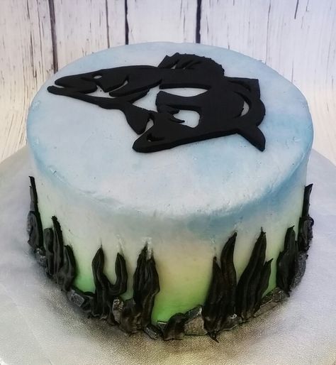 Walleye birthday cake.  Some metal art was the inspiration for this walleye silhouette cake.  https://m.facebook.com/BakedBlissCrosby/ Walleye Silhouette, Fish Birthday Cake, Walleye Fish, Fish Birthday, Silhouette Cake, Metal Art, Birthday Cake, Fish, Cake