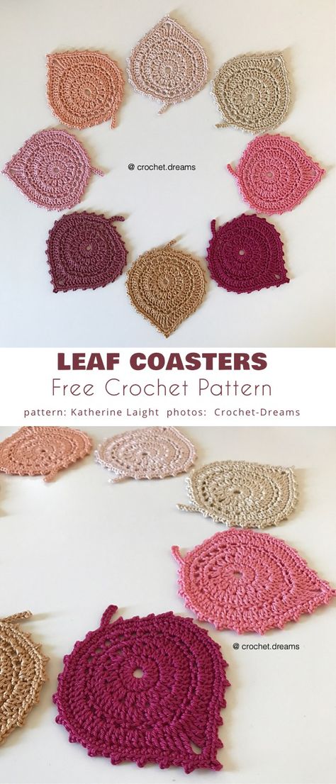 Leaf Coaster Set Ideas and Free Pattern Crochet For Fall, Crochet Fall Leaf, Crochet Fall Coasters, Crochet Acorn, Witch Hat Headband, Crochet Witch Hat, Leaf Coaster, Leaf Coasters, Acorn Garland