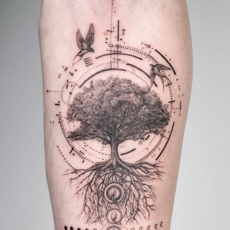 Best Sleeve Tattoos Men, Sleeve Tattoos Men, Geometric Universe Tattoo, Tree Tattoo Ideas, Pine Tattoo, Tree Tattoo Back, Tree Tattoo Men, Oak Tree Tattoo, Autumn Tattoo