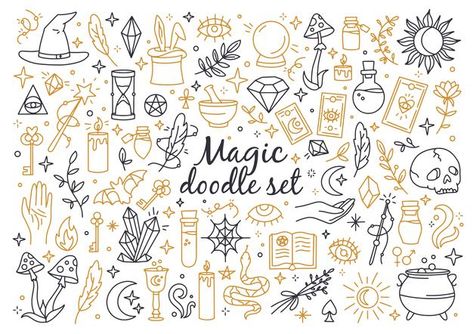 A magical set of doodle style icons line... | Premium Vector #Freepik #vector #halloween Easy Witchy Doodles, Bujo Magic Theme, Magic Doodles Simple, Witch Doodles Easy, Mystical Doodles, Tarot Doodles, Witchy Doodles Simple, Witchcraft Doodles, Crystal Doodles