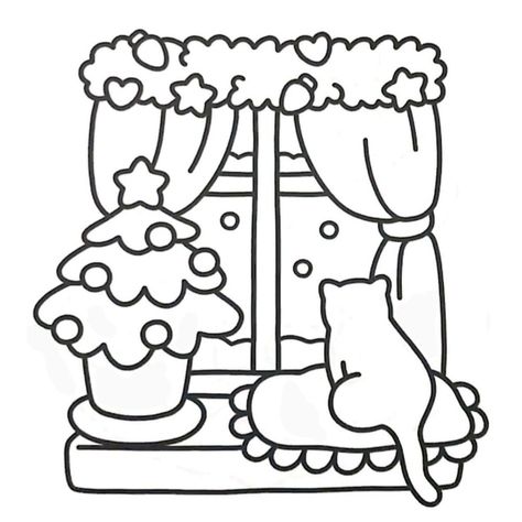 Tumblr Coloring Pages, Easy Christmas Drawings, Hello Kitty Colouring Pages, Color Me Mine, Winter Window, Adult Coloring Designs, Hello Kitty Coloring, Detailed Coloring Pages, Cat Coloring Page