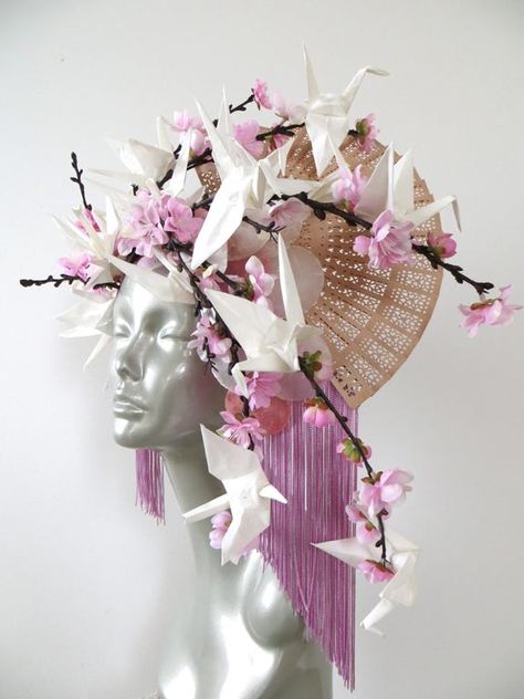 Origami Cherry Blossom, Beautiful Origami, High Fashion Makeup, Paper Cranes, Floral Hat, Fancy Hats, Paper Crane, Fantasy Costumes, Fantasy Makeup