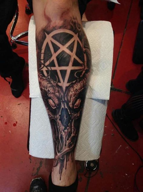 Satanic Tattoo Sleeve, Satanic Skull Tattoo, Skull Pentagram Tattoo, Demon Leg Tattoo, Demonic Tattoos For Men, Occult Tattoos, Skull Tattoo Sleeve, Trippy Tattoo Ideas, Pentagram Tattoo