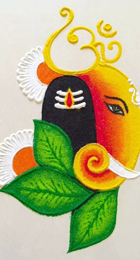 Rangoli For Ganpati Bappa, Radha Krishna Rangoli Designs Latest, Rangoli Ideas For Ganesh Chaturthi, Ragoli Color Design Ganpati, Shiv Ganesh Rangoli, Rangoli Designs Ekadashi, Easy Cute Rangoli, Rangoli Of Ganpati, New Easy Rangoli Design