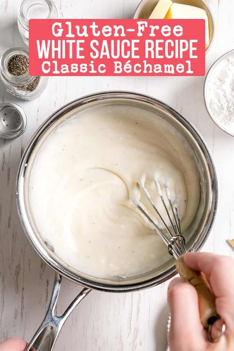 Gluten-free white sauce, also known as a classic béchamel sauce, is one of the five mother sauces in French cuisine. This easy recipe, made from butter, gluten-free flour, and milk, can be used on its own or as the base for many other sauces. Easy to customize for dairy-free or grain-free options. Gluten Free White Sauce, Dairy Free White Sauce, Mornay Sauce Recipe, White Sauce Pizza, Five Mother Sauces, Mother Sauces, Homemade White Sauce, Bechamel Sauce Recipe, 3 Ingredient Recipe