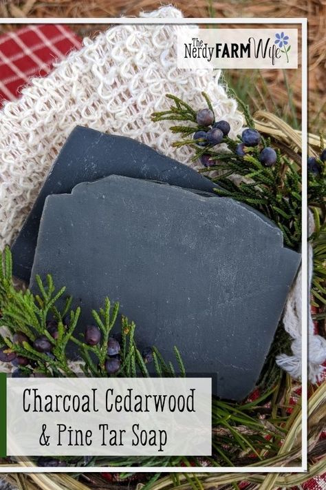 Charcoal Soap Recipe Cold Process, Pinetar Soap Recipe, Pine Tar Soap Recipe, Soap Decorating Ideas, Charcoal Cold Process Soap, Easy Goat Milk Soap Recipe, Witches Cupboard, Charcoal Soap Recipe, Soap Pictures