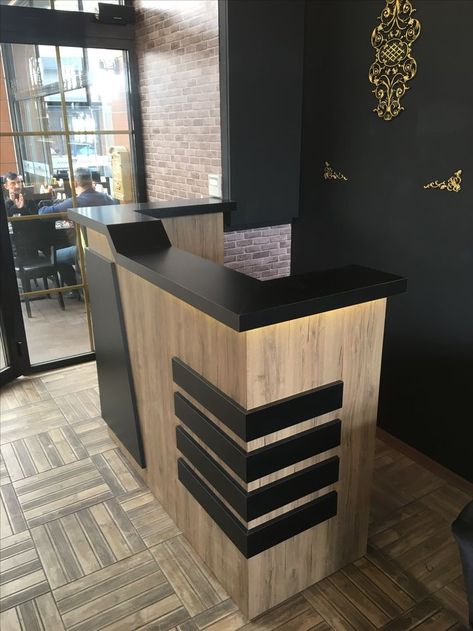 Barber Shop Reception Desk, Cash Counters Designs, Front Counter Design For Shop, Cashier Counter Design Restaurant, Cafe Cashier Counter Design, Restaurant Reception Counter, Cafe Counter Design, Standing Reception Desk, Restaurant Counter Design