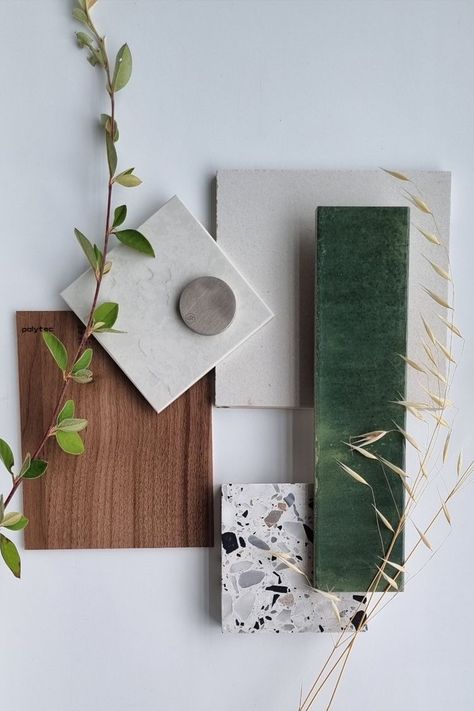 Green Material Palette, Terrazzo Combination, Interior Material Palette, Green Flatlay, Bathroom Palette, Soothing Bathroom, Green Mood Board, Green Moodboard, Texture Palette