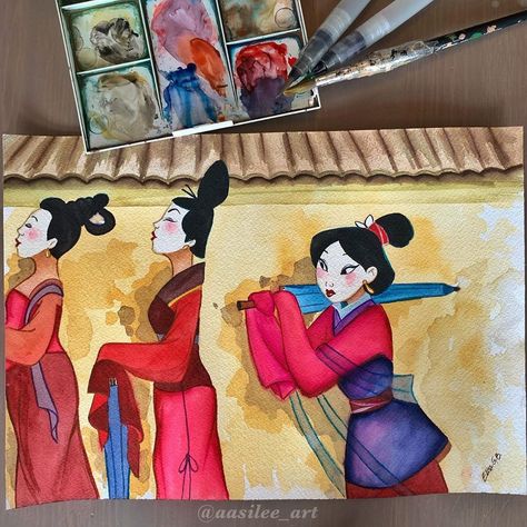 Movie Watercolor Art, Mulan Watercolor, Watercolor Cartoon, Disney Art Ideas, Disney Watercolor Paintings, Disney Watercolor, Disney Canvas Art, Disney Illustration, Disney Canvas