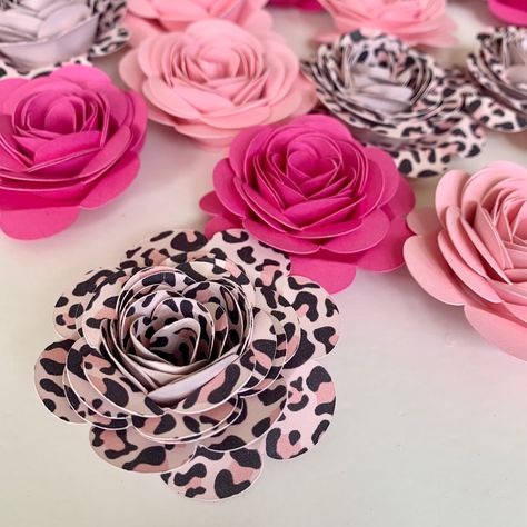 Pink Leopard Party, Pink Paper Flowers, Cheetah Party, Wild Baby Shower, Leopard Print Party, Leopard Party, Rolled Paper Flowers, 50th Birthday Decorations, Wild Baby