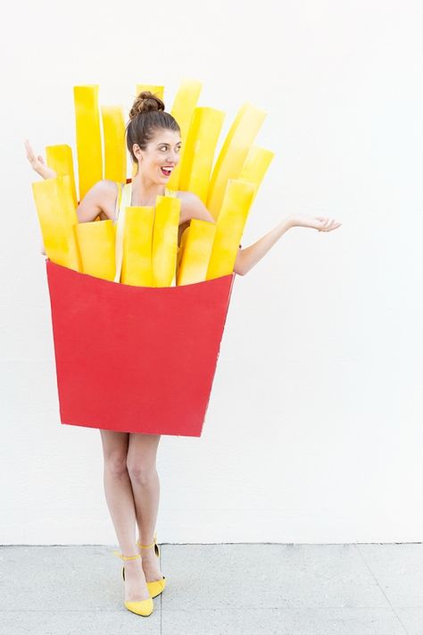 DIY Fries (Before Guys!) Costume | Studio DIY® Diy Fries, Fries Costume, French Fry Costume, Quick Halloween Costumes Last Minute Men, Sew Halloween Costume, Quick Halloween Costumes, Fries Before Guys, Food Costumes, Diy Halloween Costumes For Women