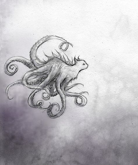 Nightvale Tattoo, Wtnv Tattoo, Cat Octopus, Cat Octopus Tattoo, Creepy Tentacles Drawing, Octopus Holding Things Tattoo, Octopus In Bathtub Drawing, Trippy Octopus Tattoo, Glow Cloud