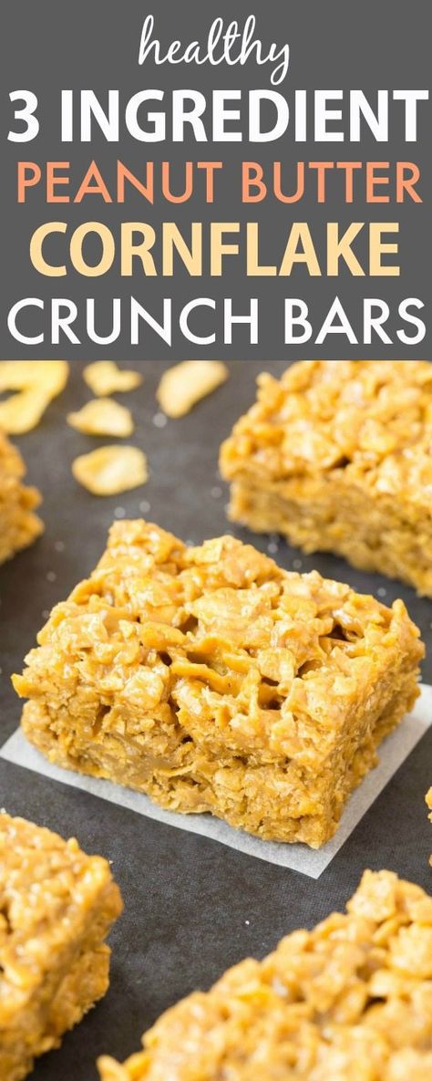 3 Ingredient No Bake Peanut Butter Corn Flake Crunch Bars (V, GF, DF)- Healthy, Crunchy, gooey, sticky and EASY bars which take minutes to whip up! A kid friendly dessert or snack! {vegan, gluten free, dairy free recipe}- thebigmansworld.com Peanut Butter Cornflake Bars, Easy Bars, Tea Breads, Flake Recipes, Butter Corn, Corn Flake, Kid Friendly Dessert, Crunch Bars, No Bake Peanut Butter