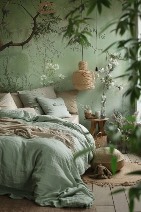 Trasforma la tua camera da letto con questo affascinante stile boho in tonalità verde. Gli elementi bohemien aggiungono un tocco di eleganza e creatività al tuo spazio, creando un ambiente rilassante e accogliente. Aggiungi cuscini decorativi, tappeti vintage e mobili in legno naturale per completare il look. #CameraDaLetto #ArredoCamera #StileBoho #DecorazioniCasa #DesignDInterni Sage Wood Bedroom, 2 Bedroom Design, Relaxing Interior, Bedroom Tropical, Green Boho Bedroom, Boho Style Home Decor, Bohemian Elements, Boho Style Home, Fall Bedroom Ideas