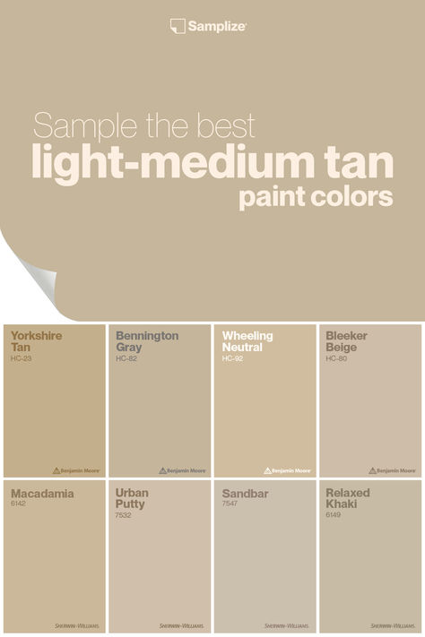 Sample the best light-medium tan paint colors with Samplize for your home painting projects! Explore and experience a curated selection of exquisite shades designed to elevate your space effortlessly. Tan Taupe Paint Colors, Straw Colored Paint, Toasted Almond Paint Color, Latte Paint Color, Benjamin Moore Tan, Nevada Tan, Tan Paint Colors, Best Neutral Paint Colors, Tan Paint