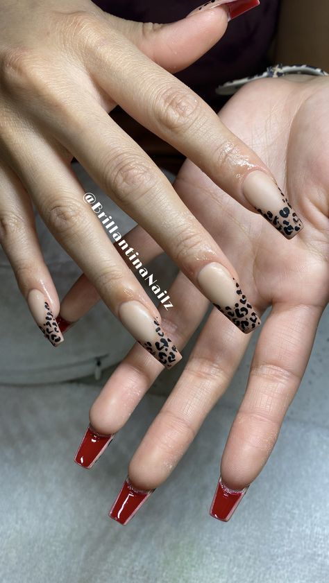 Red Black And Cheetah Nails, Chrome Cheetah Nails, Red Leapord Nails, Red And Black Cheetah Nails, Box Nail Designs, Stiletto Cheetah Nails, Cheetah Print Nails With Red, Red And Cheetah Print Nails, Chetta Print Nail