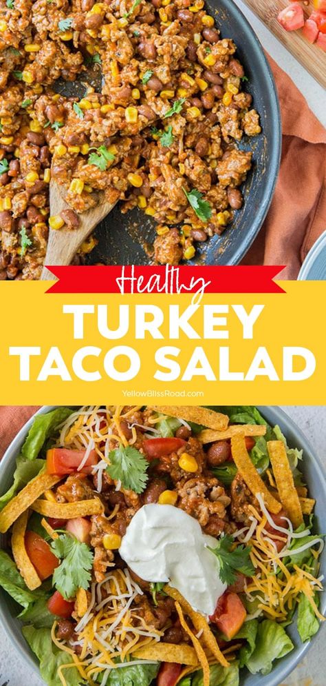 Turkey Taco Salad Recipe, Ground Turkey Taco Salad, Healthy Main Course, Main Course Salad, Taco Salad Recipe Healthy, Turkey Taco Salad, Keto Taco Salad, Healthy Tacos Salad, Taco Toppings