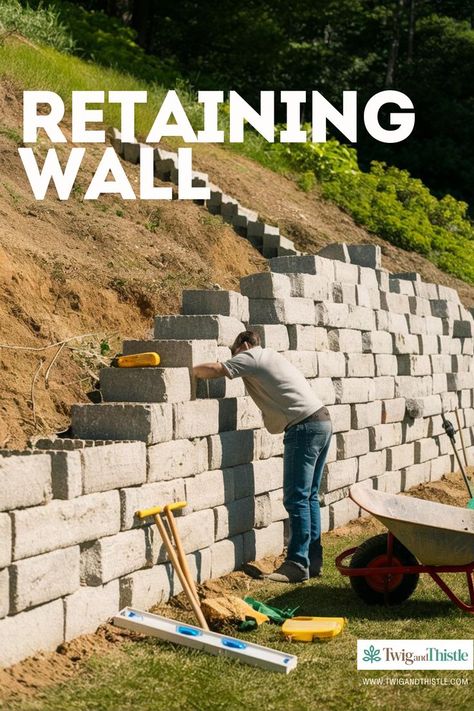 Retaining Wall on Slope Retaining Wall Landscape Sloped Yard, Cheap Diy Retaining Wall Ideas, Landscape Sloped Yard, How To Build A Retaining Wall, Retaining Walls On A Slope, Garden On Slope, Retaining Wall On A Slope, Build Retaining Wall, Retaining Wall Landscape