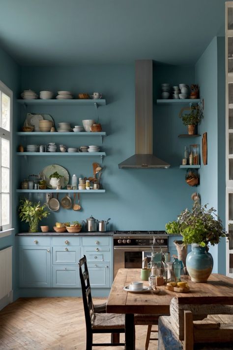 kitchen wallpaper,wallpaper design,modern wallpaper,painted kitchen walls Blue Wall Kitchen, Petrol Blue Kitchen, Blue Kitchen Walls, Light Oak Floors, Kitchen Loft, Turquoise Kitchen, Teal Kitchen, Kitchen Cabinets And Countertops, Dusty Teal