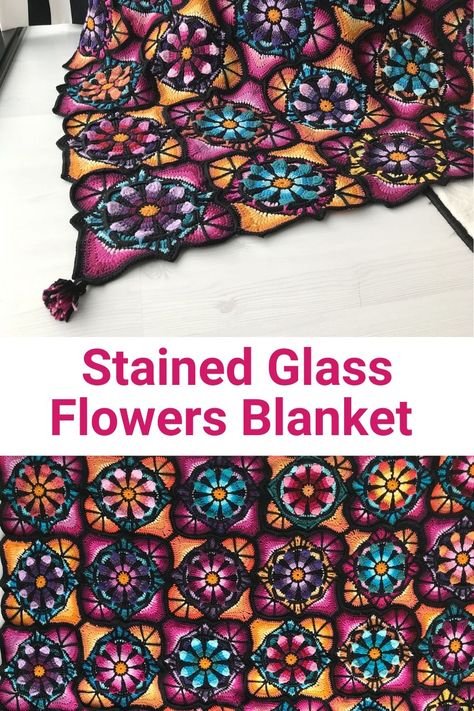 Stained Glass Crochet Blanket, Stained Glass Crochet, Stained Glass Afghan, Christmas Cactus Care, Christmas Crochet Blanket, Stained Glass Flower, Crochet Flower Blanket, Leftover Yarn, Yarn Ideas