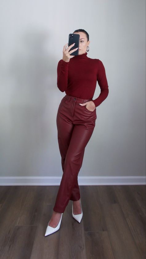 burgundy leather pants | fall outfit 2023 | thanksginf outfit inspo | classy outfit | chic outfit #ad Burgundy Leather Pants Outfit, Turtleneck Fall Outfit, Red Leather Pants Outfit, Leather Pants Fall Outfit, Oxblood Outfit, Burgundy Leather Pants, Burgundy Pants Outfit, Satin Pants Outfit, Leggins Outfit