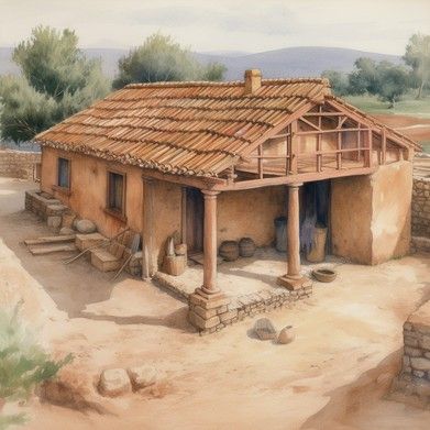 Ancient Greek House, Greek Home, Greek Homes, Greek Buildings, Large Storage Jars, Central Courtyard, Greek House, Building Illustration, Fire Cooking